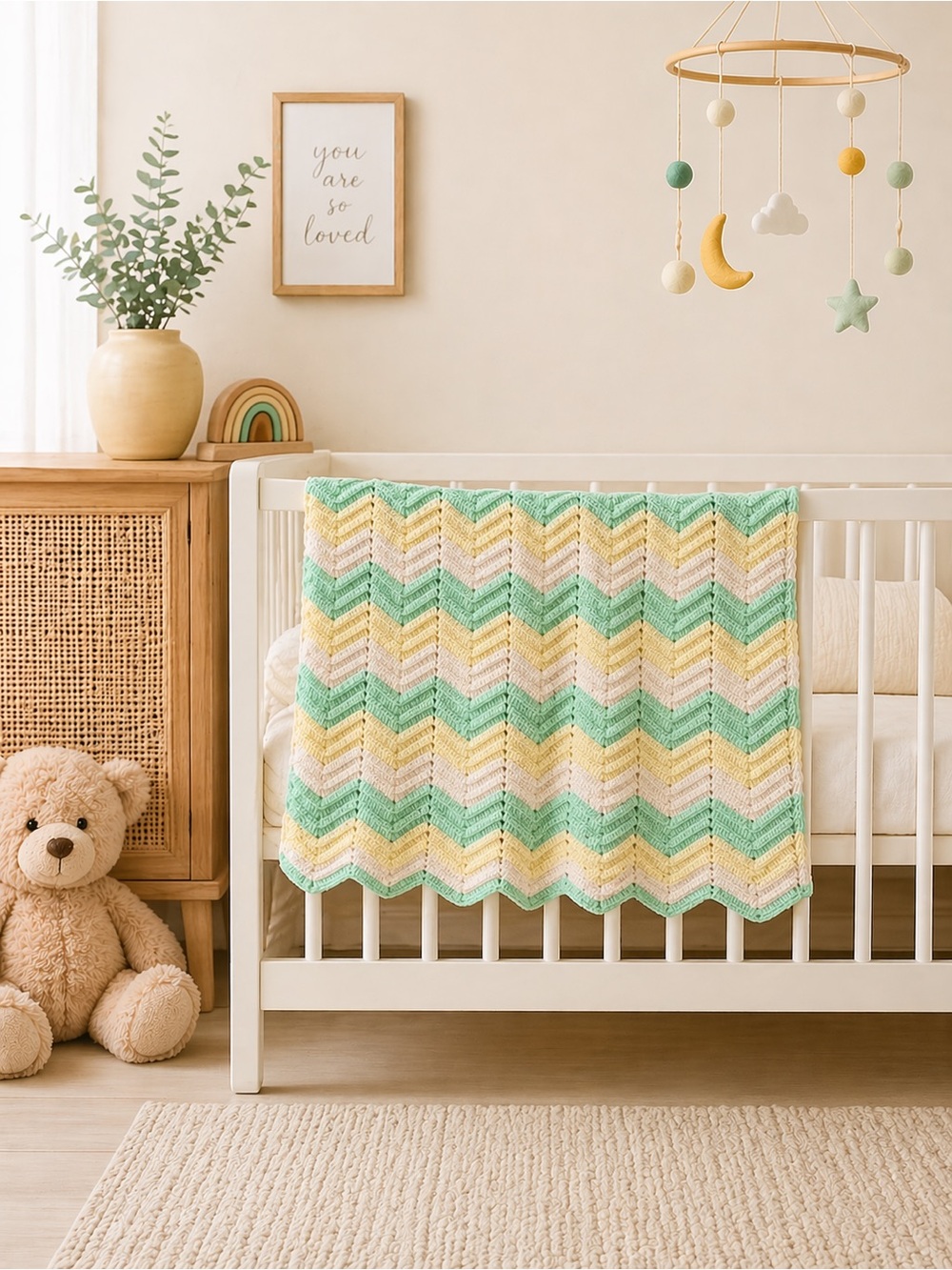 Handmade Crocheted Baby Blanket - Mint, Yellow & Cream Chevron Cottagecore